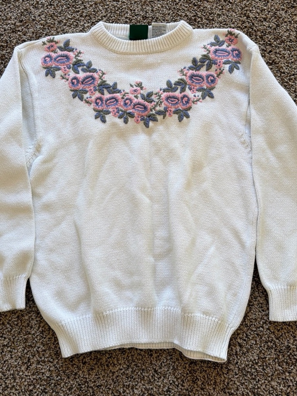 Northern Reflections Cream Crewneck Sweater with Pink Floral Embroidery